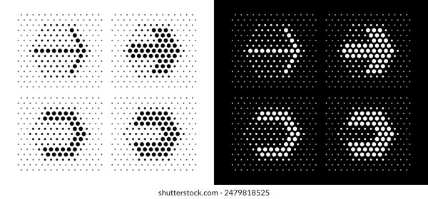 Modern abstract dotted arrows in hexagon shape. Black shapes on a white background and the same white shapes on the black side.