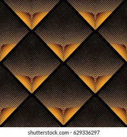 Modern  abstract dotted halftone effect seamless pattern background. Vector black and gold carbon fiber texture illustration. Technology  template. Geometric grunge rhombus, shapes, figures.