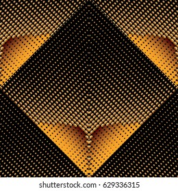 Modern  abstract dotted halftone effect seamless pattern background. Vector black and gold carbon fiber texture illustration. Technology  template. Geometric grunge rhombus, shapes, figures.