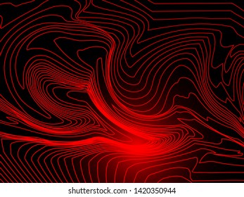 modern abstract drawing. red, glowing, curved lines on a black background