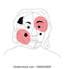 modern abstract drawing woman face line art and two geometric elements with pastel colors- red