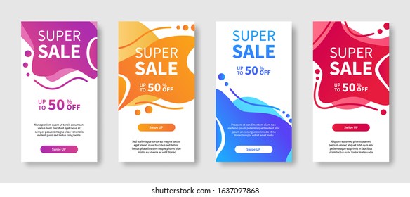 Modern abstract dynamic liquid mobile background for big sale banners. Special offer super sale and banner discount up to 50% on design template with editable text. Set of vector illustrations.