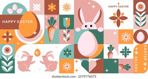 Modern abstract Easter banner illustration with bunny, eggs, floral elements in a geometric pastel design.Easter cards, social media, website banners, printable decorations, gift wrapping.Vector