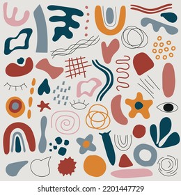 Modern abstract elements set. Hand drawn doodle various shapes on bright background. Trendy vector illustration. 