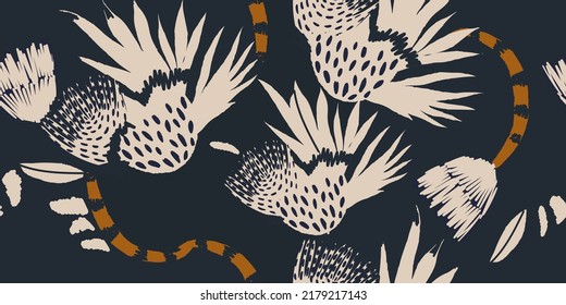 Modern abstract exotic floral pattern. Collage trendy seamless pattern. Hand drawn botanical illustration.