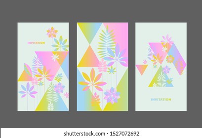 Modern abstract exotic flowers and leaves in pale color. Neon RGB colors geometric tropical cards. Design element for web banners, posters, cards, wallpapers, backdrops, panels.
