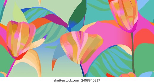 Modern abstract exotic flowers pattern. Juicy colors botanical contemporary seamless pattern. Hand drawn unique print.