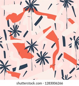 Modern abstract exotic pattern with palm trees. Fashionable template for design. Vector illustration.