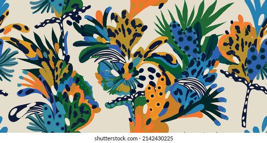 Modern abstract exotic plants pattern. Collage contemporary seamless pattern. Hand drawn ethnic style pattern.