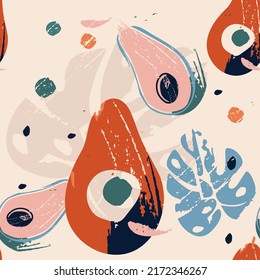 Modern abstract exotic seamless pattern with avocado fruits and abstract elements. Creative floral collage. Vector texture for textile, wrapping paper, packaging etc. Vector illustration