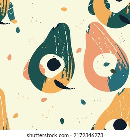 Modern abstract exotic seamless pattern with avocado fruits and abstract elements. Creative floral collage. Vector texture for textile, wrapping paper, packaging etc. Vector illustration