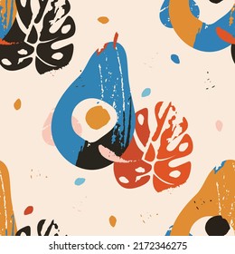 Modernes, abstraktes, nahtloses Muster mit Avocado-Früchten und abstrakten Elementen. Kreative Blumencollage. Vektorgrafik für Textilien, Umhüllungspapier, Verpackungen usw. Vektorgrafik