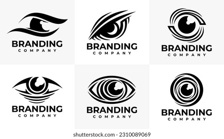 Plantilla moderna de diseño de logotipo de bola ocular abstracta. Marca de logotipo óptico de ojos de línea.