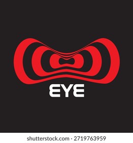 Diseño de logotipo de ojo abstracto moderno. Líneas concéntricas geométricas rojas que forman una forma de ojo estilizada sobre un fondo negro con tipografía blanca. Plantilla de Vector para visión o marca de seguridad.