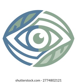 Modern abstract eye logo integrated with green and blue leaf-like shapes. The eye iris is centered within a stylized almond-shaped frame representing vision perception natural observation and optical health. Suitable for ophthalmology creative agencies or environmental surveillance brands.