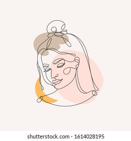 Modern abstract face. Contemporary outline female silhouette. Colored spots. Hand drawn outline trendy vector illustration. Continuous line, minimalistic concept. Pastel colors