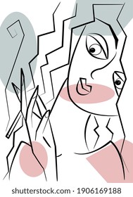 Modern abstract face. Contemporary outline female silhouette. Colored spots. Hand drawn outline trendy vector illustration. Glamorous line art, minimalistic concept. Pastel colors
