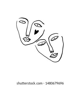 Modern Abstract Face Portrait. Linear Ink Brush. Line Art Current Contemporary Continuous Cubism Painting. Fashion Style Black And White Abstraction Poster. Vector Illustration Clipart.
