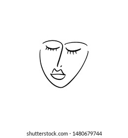 Modern Abstract Face Portrait. Linear Ink Brush. Line Art Current Contemporary Continuous Cubism Painting. Fashion Style Black And White Abstraction Poster. Vector Illustration Clipart.