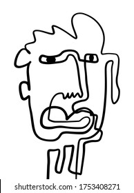 Modern Abstract Face Portrait. Linear Ink Brush. Line Art Current Contemporary Continuous Cubism Painting. Fashion Style Black And White Abstraction Poster. Vector Illustration Clipart. Man