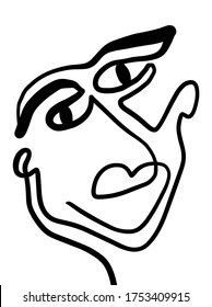 Modern Abstract Face Portrait. Linear Ink Brush. Line Art Current Contemporary Continuous Cubism Painting. Fashion Style Black And White Abstraction Poster. Vector Illustration Clipart. Woman