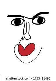 Modern Abstract Face Portrait. Linear Ink Brush. Line Art Current Contemporary Continuous Cubism Painting. Fashion Style Black And White Abstraction Poster. Vector Illustration Clipart. Woman red lips