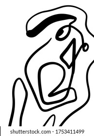 Modernes Abstraktes Gesichtsporträt. Lineare Tinte-Pinselspitze. Line Art Aktuelle zeitgenössische kontinuierliche kubanische Malerei. Fashion Style Black and White Abstraktion Poster. Vektorgrafik-Clip-Kunst. Mann fürchtet