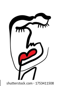 Modern Abstract Face Portrait. Linear Ink Brush. Line Art Current Contemporary Continuous Cubism Painting. Fashion Style Black And White Abstraction Poster. Vector Illustration Clipart. Woman red lips