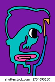 Modern Abstract Face Portrait. Linear Ink Brush Contemporary Continuous Painting. Fashion Style Vibrant colors Abstraction Poster. Vector Illustration Clipart. Man