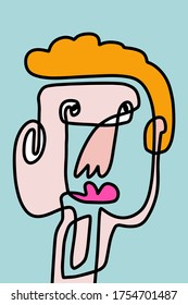 Modern Abstract Face Portrait. Linear Ink Brush Contemporary Continuous Painting. Fashion Style Vibrant colors Abstraction Poster. Vector Illustration Clipart. Man