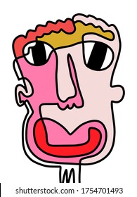 Retrato de rostro abstracto moderno. Pintura Continua Contemporánea De Pincel De Tinta Lineal. Afiche de abstracción de colores vibrantes al estilo de moda. Vector Illustration Clipart. Hombre