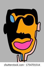 Retrato de rostro abstracto moderno. Pintura Continua Contemporánea De Pincel De Tinta Lineal. Afiche de abstracción de colores vibrantes al estilo de moda. Vector Illustration Clipart. Hombre