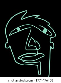 Modern Abstract Face Portrait. Linear Ink Brush Contemporary Continuous Painting. Fashion Style Colorful Abstraction Poster. Vector Illustration Clipart. turquoise blue
