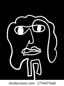 Modern Abstract Face Portrait. Linear Ink Brush Contemporary Continuous Painting. Fashion Style Black And White Abstraction Poster. Vector Illustration Clipart