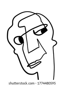 Modern Abstract Face Portrait. Linear Ink Brush Contemporary Continuous Painting. Fashion Style Black And White Abstraction Poster. Vector Illustration