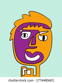 Retrato de rostro abstracto moderno. Pintura Continua Contemporánea De Pincel De Tinta Lineal. Afiche De Abstracción Colorida Al Estilo De La Moda. Vector Illustration Clipart. violeta color turquesa naranja