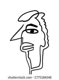 Modern Abstract Face Portrait. Linear Ink Brush Contemporary Continuous Painting. Fashion Style Black And White Abstraction Poster. Vector Illustration