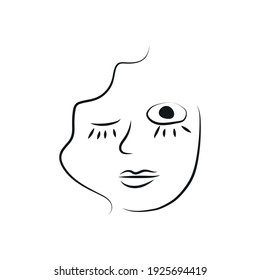 Modern Abstract Face Portrait. Linear Ink Brush. Line Art. Fashion Style Black And White Abstraction Poster.