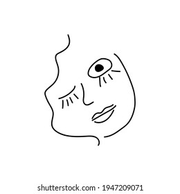 Modern Abstract Face Portrait. Linear Ink Brush. Line Art. Fashion Style Black And White Abstraction Poster.