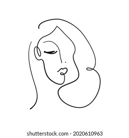 Modern abstract face portrait. Linear ink brush. Line art current contemporary continuous painting. Fashion artistic style black and white abstraction poster. 