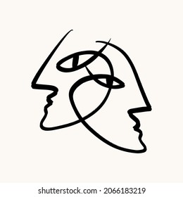 Modern Abstract Face Portrait Linear Ink Brush Line Art Current Contemporary Continuous Cubism Painting Fashion Style Black And White Abstraction Poster Vector Illustration Clipart