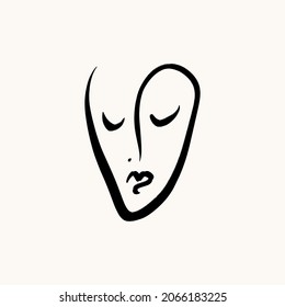 Modern Abstract Face Portrait Linear Ink Brush Line Art Current Contemporary Continuous Cubism Painting Fashion Style Black And White Abstraction Poster Vector Illustration Clipart