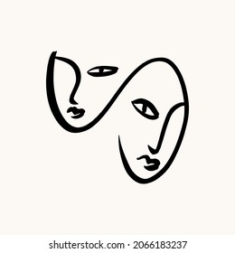 Resumen moderno Retrato de cara Pincel de tinta lineal Línea de pincel de estilo contemporáneo Cubismo continuo de estilo de moda Afiche de abstración negro y blanco Ilustración Clipart