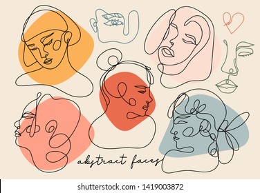 Modern abstract faces. Contemporary female silhouettes. Hand drawn outline trendy illustration. Continuous line, minimalistic concept. Colored vector set. All elements are isolated. Pastel colors