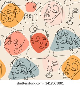 Modern abstract faces. Contemporary female silhouettes. Hand drawn outline trendy illustration. Continuous line, minimalistic concept. Colored vector seamless pattern. Pastel colors