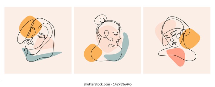 Modern abstract faces  Contemporary female silhouettes  Set three hand drawn outline trendy vector illustrations  Continuous line  minimalistic concept  Pastel colors