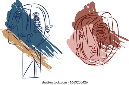 Modern abstract faces. Contemporary female silhouettes. Hand drawn outline trendy illustration. Continuous line, minimalistic concept.Cubism abstract portrait