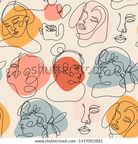 Modern abstract faces. Contemporary female silhouettes. Hand drawn outline trendy illustration. Continuous line, minimalistic concept. Colored vector seamless pattern. Pastel colors