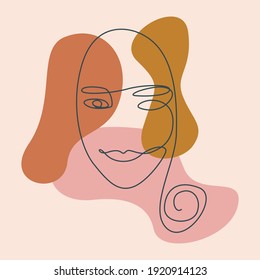 modern abstract faces continuous line. Trendy contemporary faces with various face expressions. Vector illustration in hand drawn outline style. Contemporary female silhouettes.