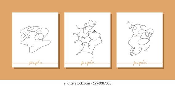 Modern abstract faces. Elegant portraits in profile. Contemporary surreal graphics. One line of continuous vector design.